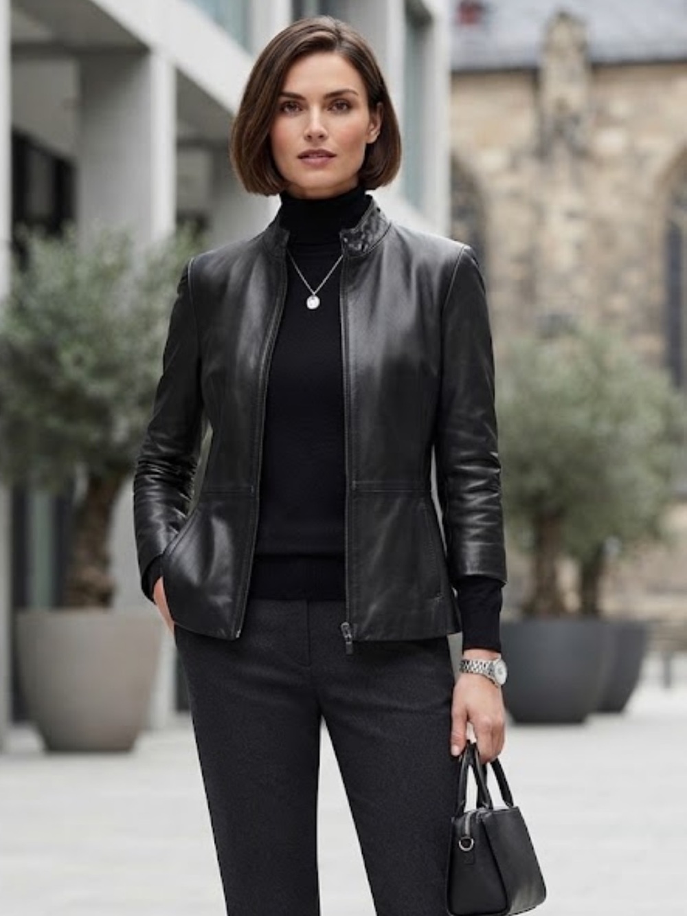 NWT Giorgio Armani Lambskin Leather Zip Jacket Silk Lined Tailored Black